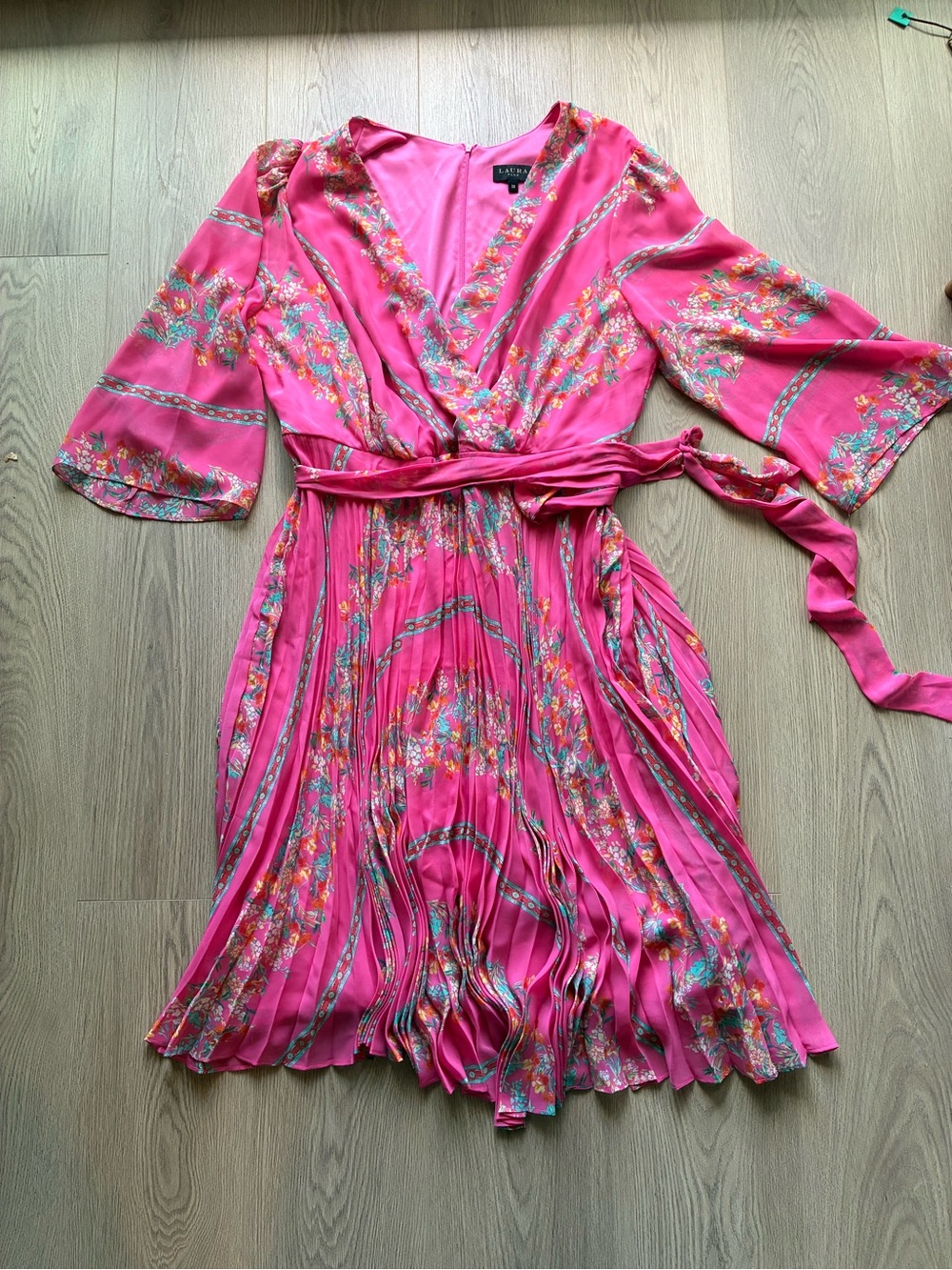 Floral Wrap Midi Dress in Hot Pink with Tie Waist
